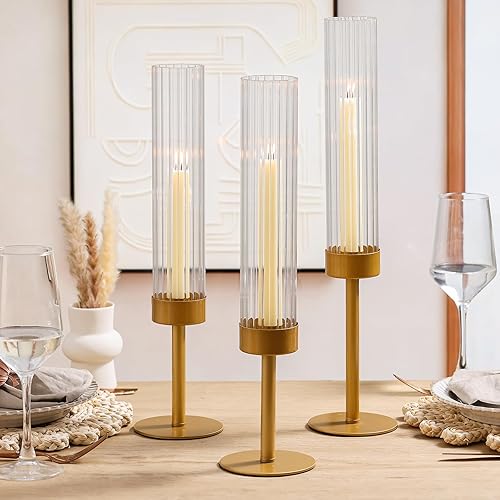 Miniatura 7 de Volens Portavelas de cristal dorado Hurricane juego de 6 portavelas cónicos con cilindro acanalado de 11 pulgadas de alto, cubierta de chimenea