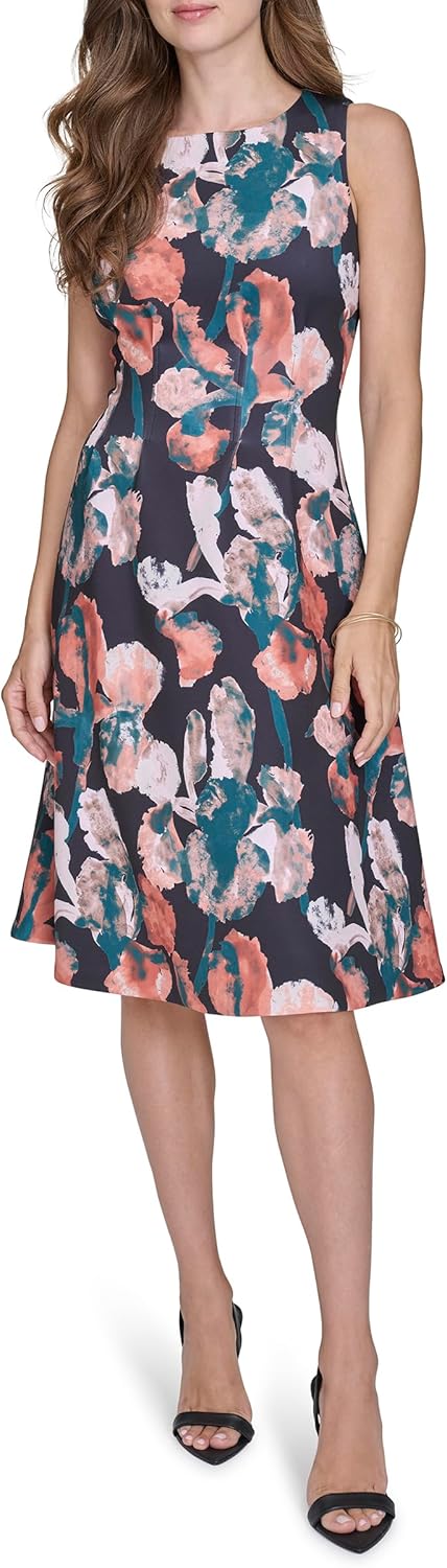 Halston Womens A Line Round Neck Knee Length Dress