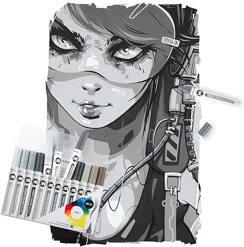 Miniatura 3 de Molotow Pincel color aguamarina (juego de rotuladores de pincel gris, punta de pincel para acuarela y letras a mano), 12 piezas surtidas