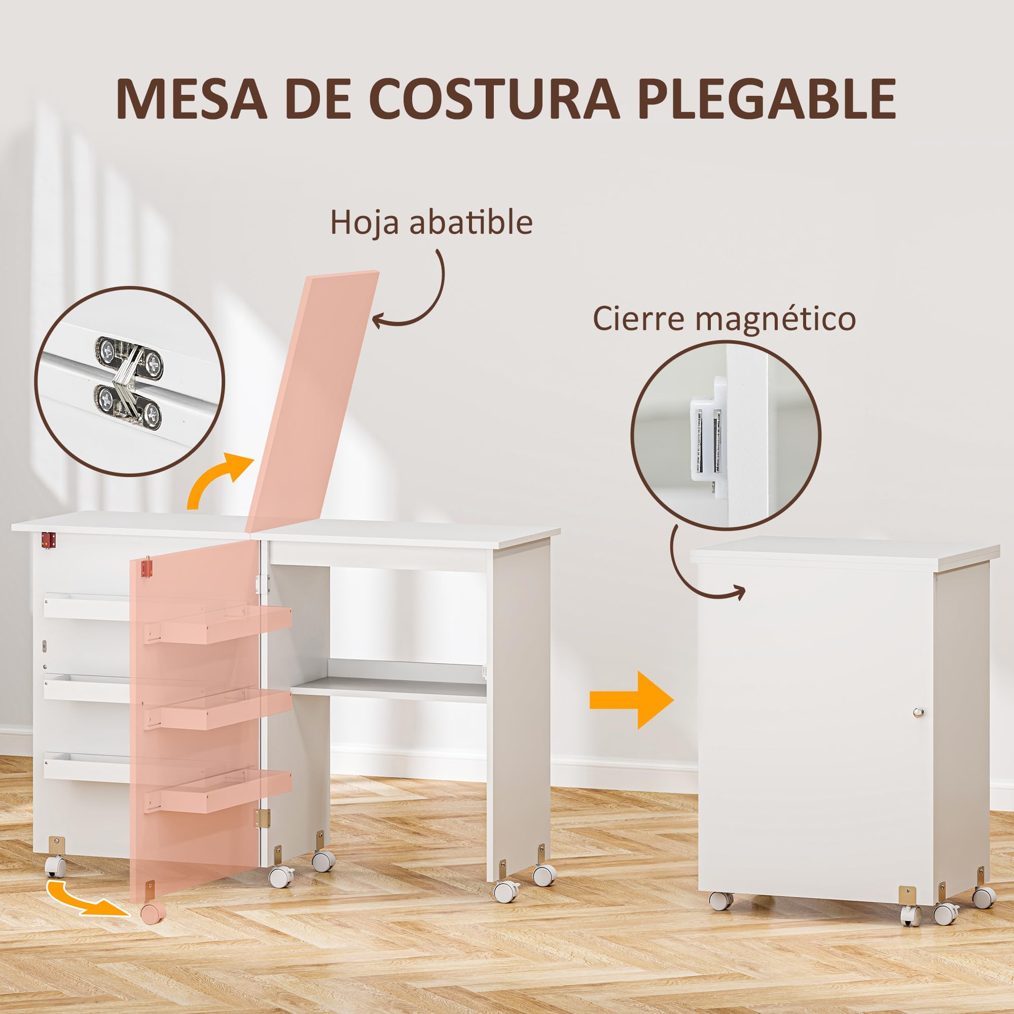 HOMCOM Mueble para Máquina de Coser Mesa Plegable de Costura con Compartimentos de Almacenamiento Estante Abierto y 5 Ruedas Mesa para Máquina de Coser para Dormitorio Salón Blanco