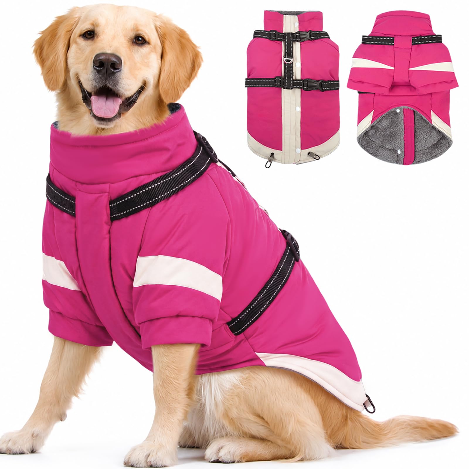 MIGOHI Reflective Dog Winter Coat,Warm Dog Jacket with Harness,XL,Rosered