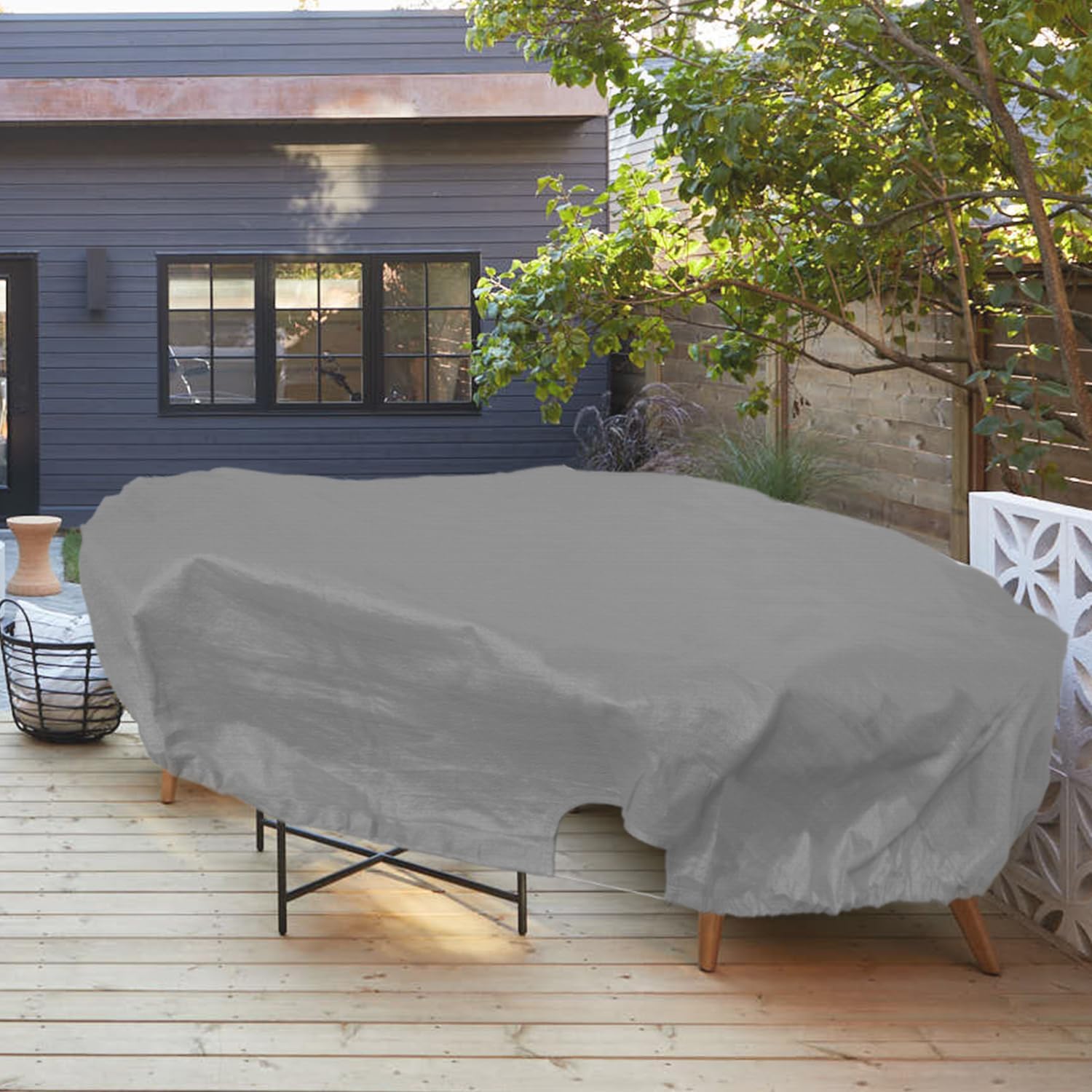 Bynbbur 14 FT Patio Furniture Cover with Wire Rope Hemmed All Edges, Round Pool Covers for Above Ground, UV Resistant Tarp for Deck Seat Couch Patio Table Chair Set Cover, Gray