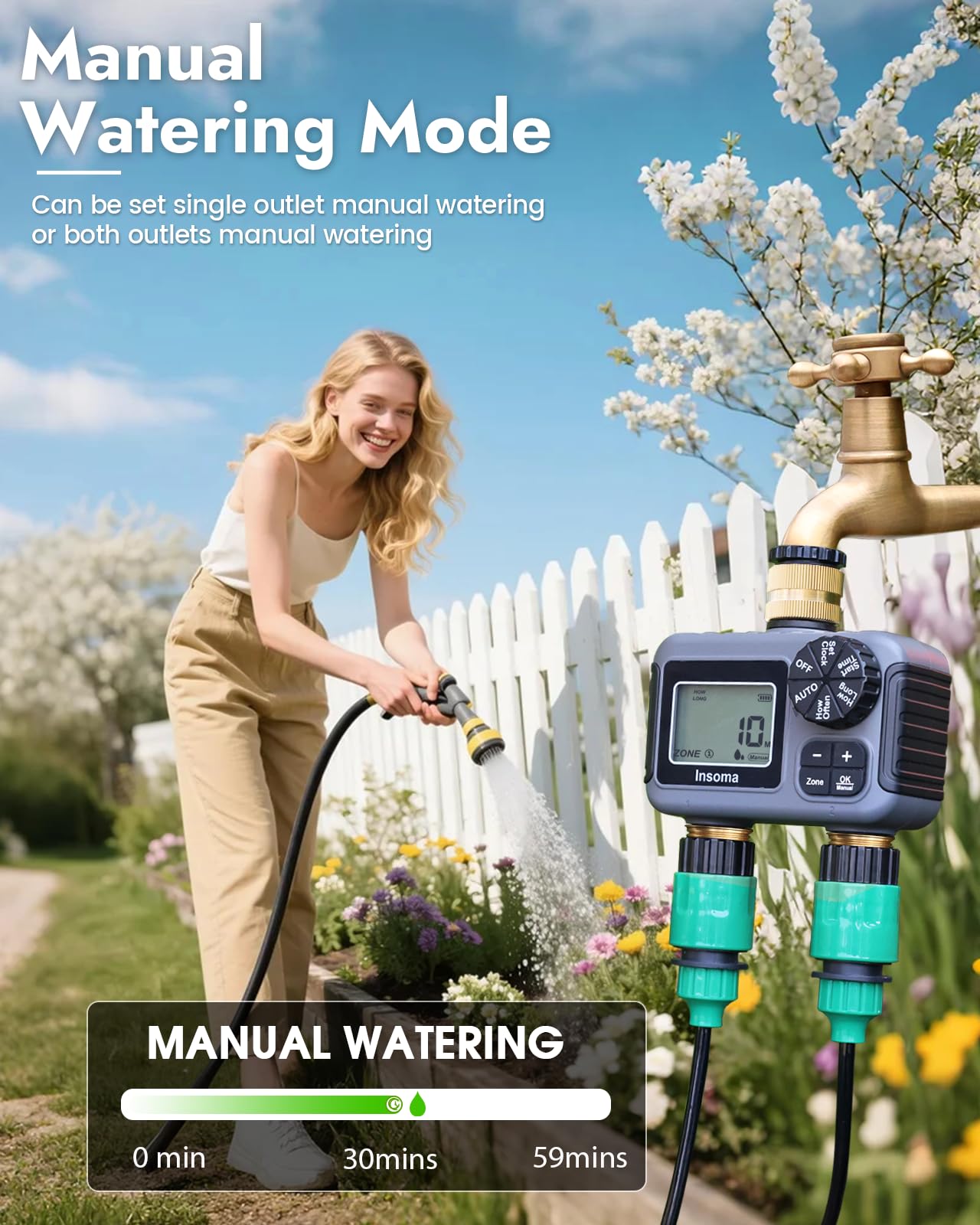 Insoma Sprinkler-Timer mit 2 Ausgängen und Messing-Einlass & Auslass, Wasser-Timer für Gartenschlauch mit automatischen/manuellen Modi + Regenverzögerung, Schlauch-Timer für Garten, Hofrasen, IPX5