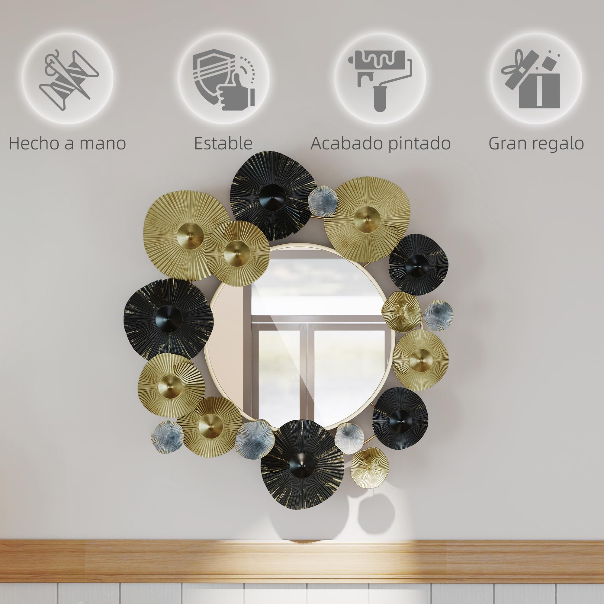 HOMCOM Espejo Decorativo de Pared, Metálico, 84x84 cm, Dorado y Negro | Adorno de Pared, con Espejo Decorativo, para Salón, Dormitorio, Pasillo