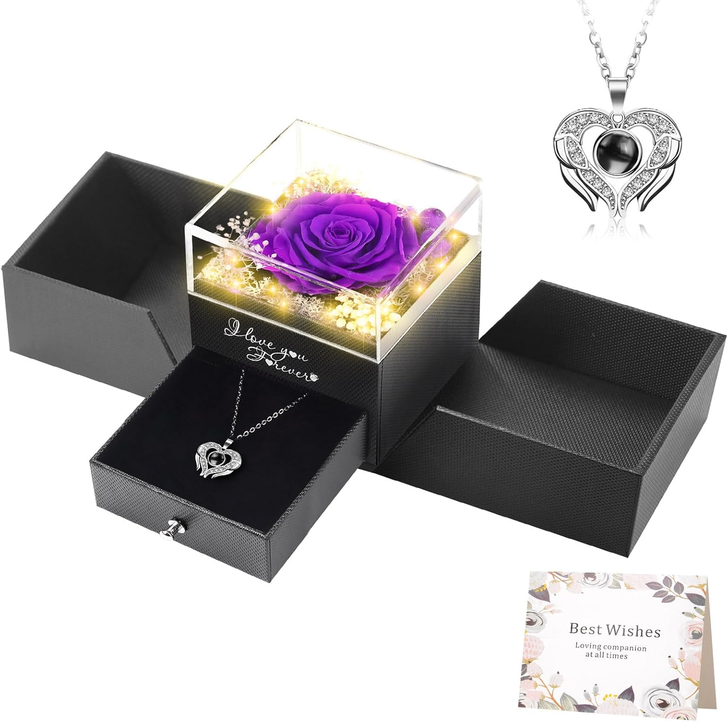 WOKEISE Lighted Preserved Real Rose Flowers with I Love You Heart Necklace, Anniversary Birthday Gifts for Women Girlfriend Wife Mom Grandma,Valentines Mothers Day, Purple