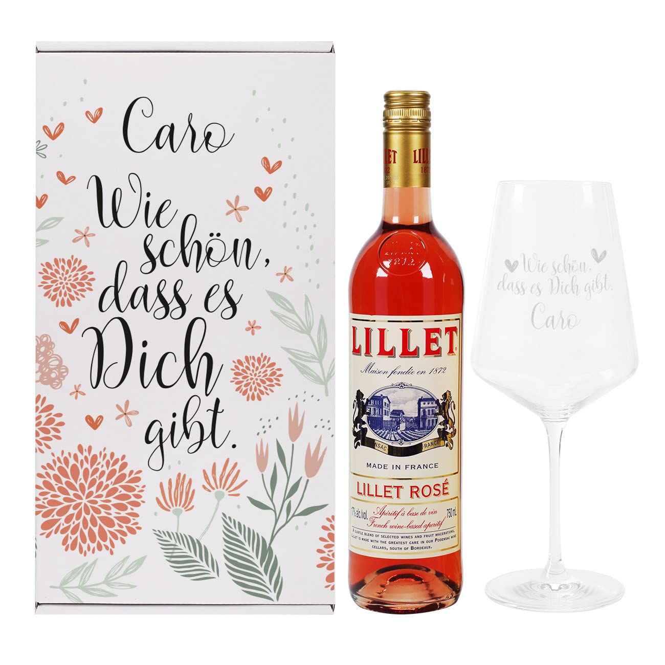 Herz & Heim® Geschenkset "Wie schön dass es Dich gibt" mit Geschenkbox, Weinglas und 1 Flasche Lillet/personalisiert Rosé