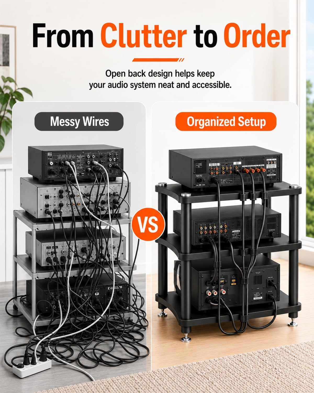 Heavy Duty 3-Tier AV Media Stand, 264 lb Load Capacity, Black | anti-vibration feet that help reduce resonance for clearer sound, open ventilation, cable management, Built for Hi-Fi systems