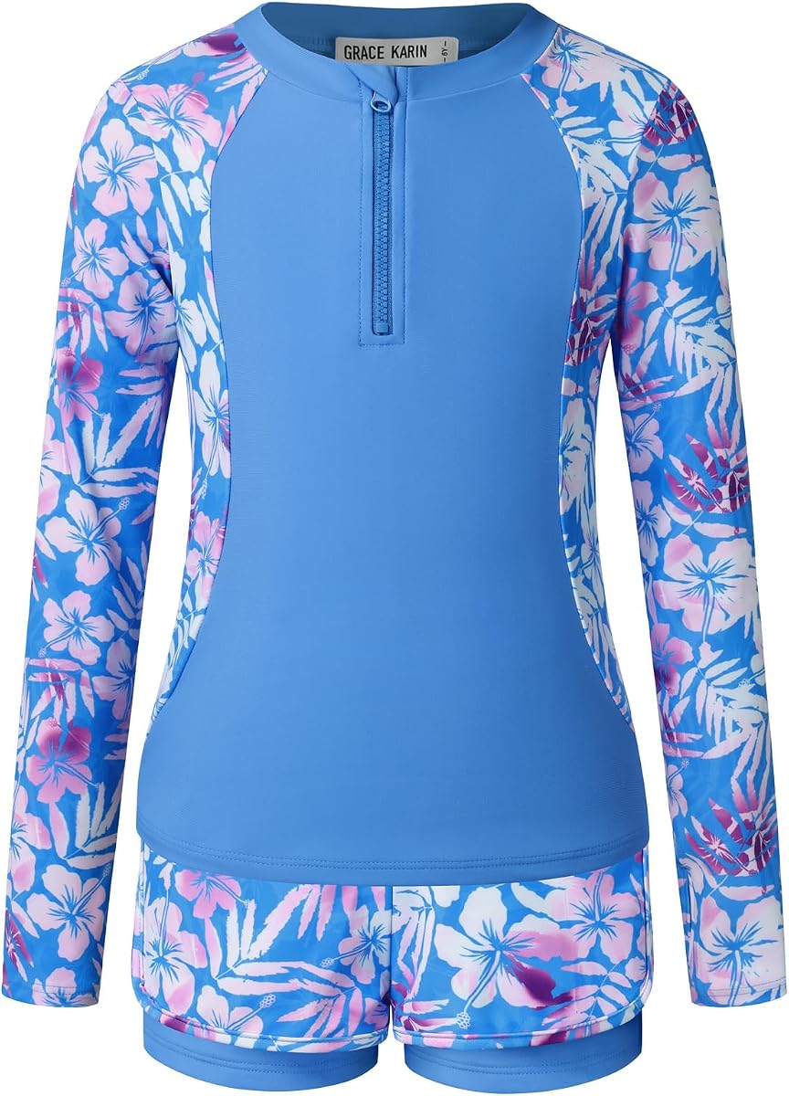 GRACE KARIN Girls Rash Guard Swimsuit UPF 50+ Two Piece Swimwear Size 6-12Y | Long Sleeve Summer Bathing Suit