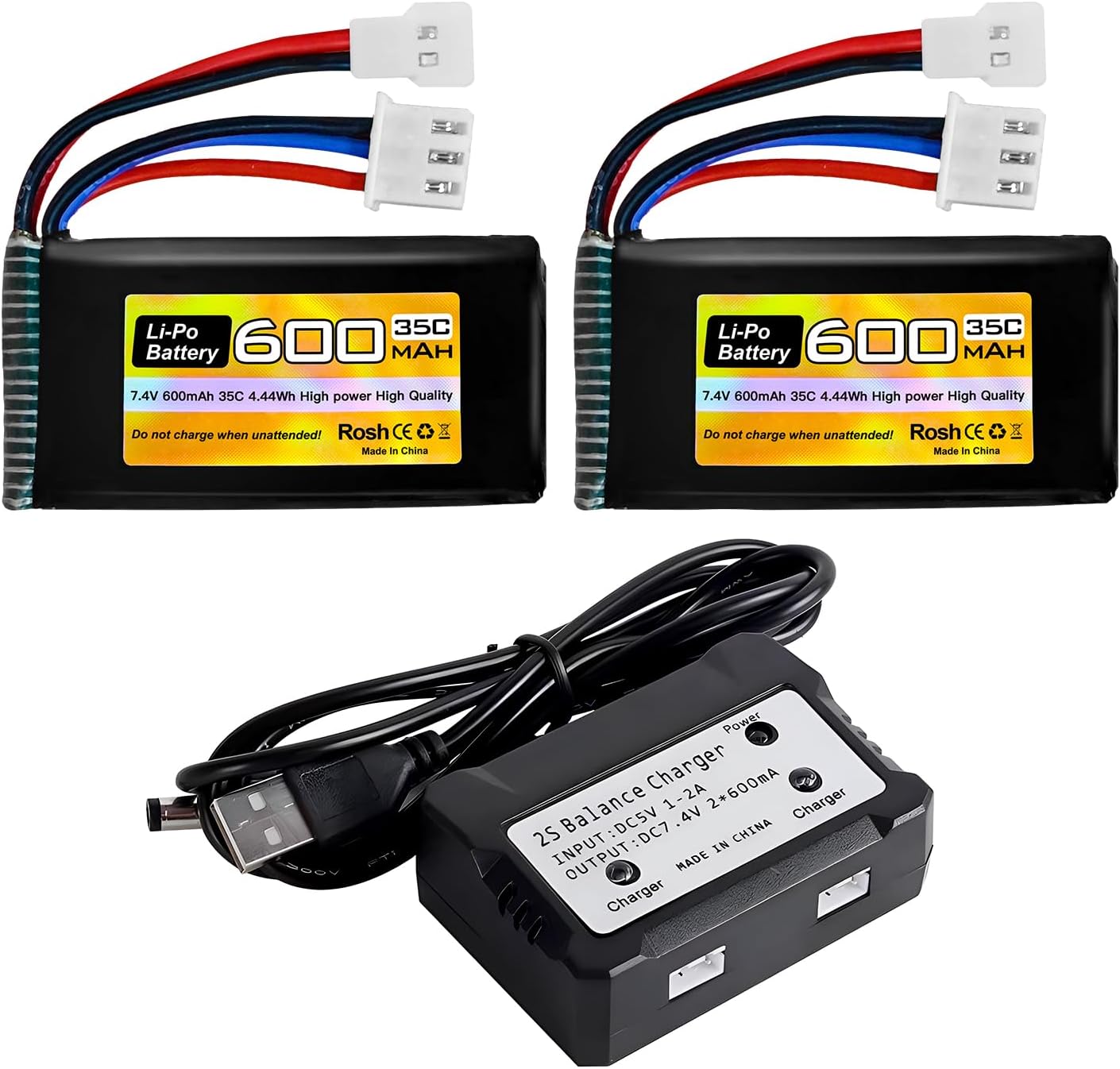 sea jump 2PC 7.4V 600mAh 35C 2S Lipo Battery with Molex Plug and 1trailer2 Charger Suitable for FMS FCX24 RC Cars, Trucks, Remote Control Electric Climbing Vehicles FCX24 Batteries