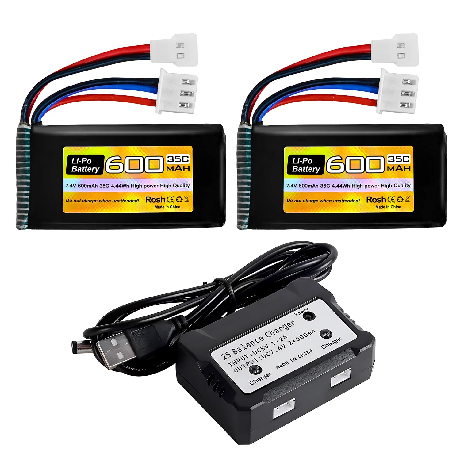 sea jump 2PC 7.4V 600mAh 35C 2S Lipo Battery with Molex Plug and 1trailer2 Charger Suitable for FMS FCX24 RC Cars, Trucks, Remote Control Electric