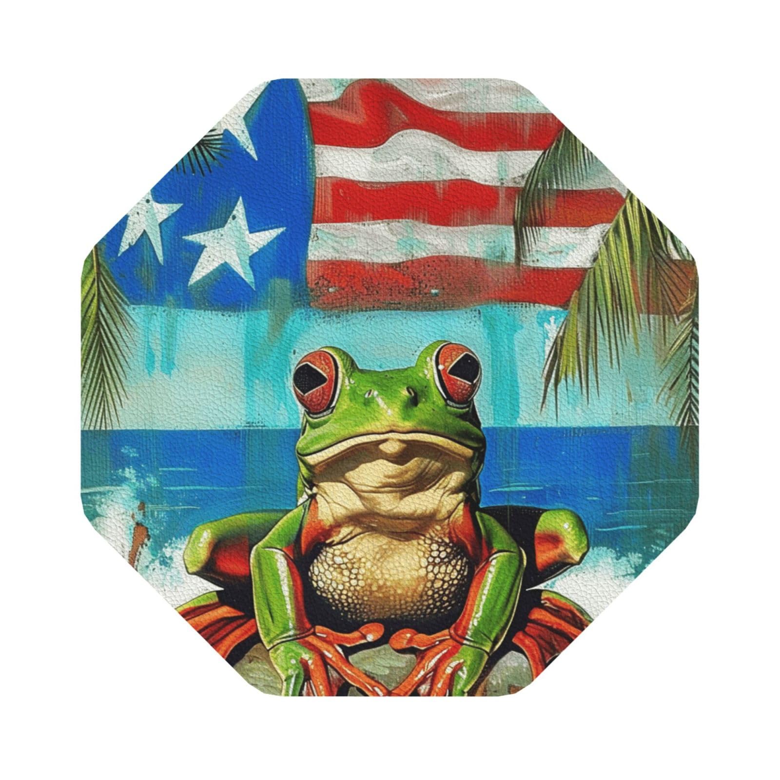 Puerto Rico Flag Frog Palm Trees Print Leather Coaster Set of 6, Octagon Coasters Table Decorative Coffee Cup Beverage Coasters Wine Beer Bar Coasters for Hot Drinks Table Protection