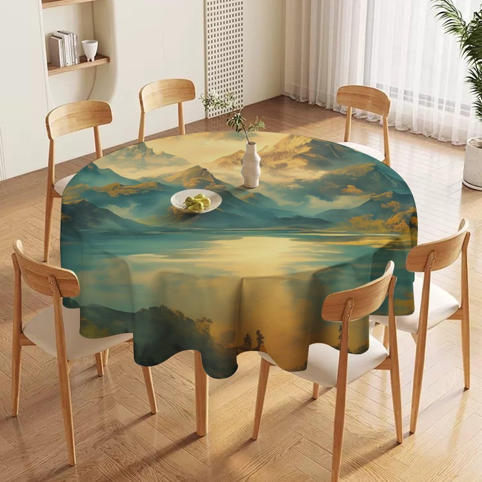 ORDOBO 3D Print Round Tablecloth - Dashan Lake Round Countertop Decoration Cover Waterproof Wipeable Dust-Proof For Kitchen Dining Home 152X152Cm