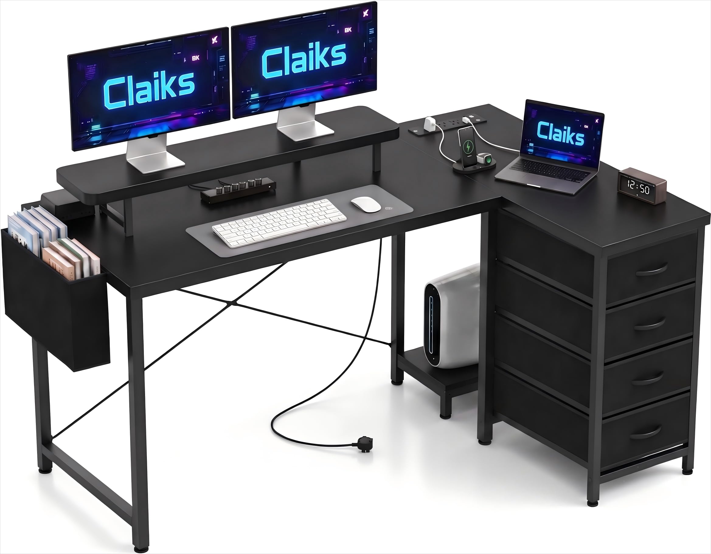 Claiks L Shaped Desk with Drawers, 140x80cm Corner Computer Desk with Power Outlets & USB Ports, Home Office Desk with Storage, Monitor Shelf and PC Holder, Black
