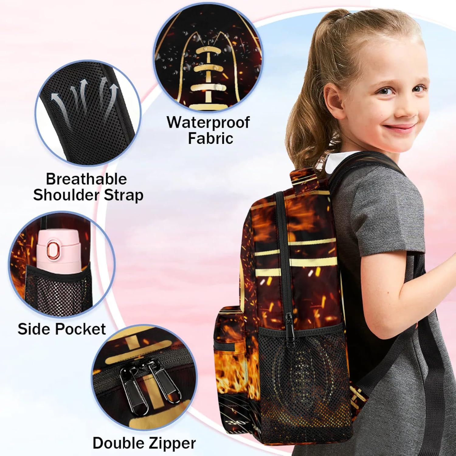 Kids Backpack for Boys - Elementary Middle School Bag Student Bookbag for Girls Teens - Casual Daypack Travel Laptop Backpacks(Fire Football)