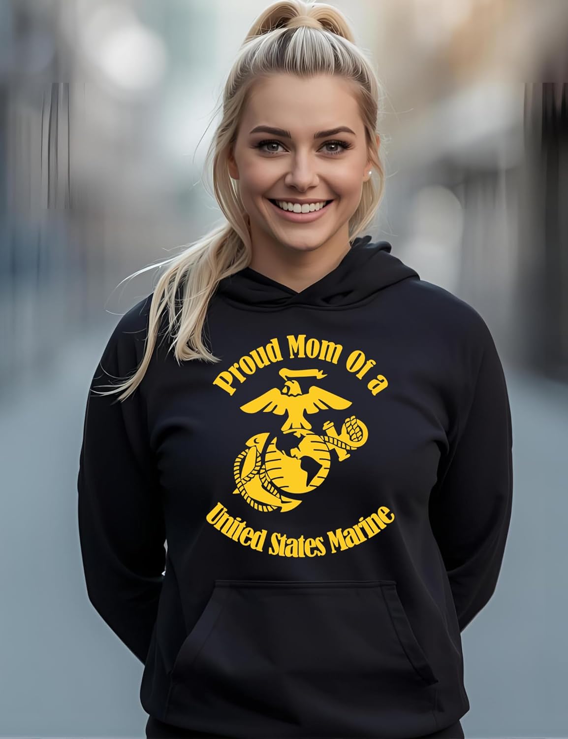 ALLNTRENDS Proud Marine Mom Hoodie Military Family Supporter Patriotic Sweatshirt