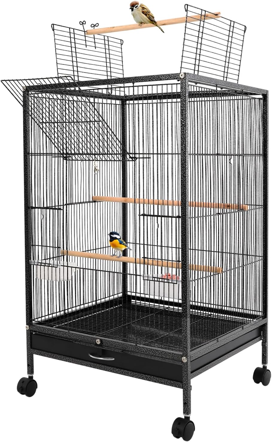 Bird Cage 46 x 46 x 94 cm Bird Cage with Wheels Bird Cage Budgie with Storage Boxes and Tray for Various Small and Medium Birds Black