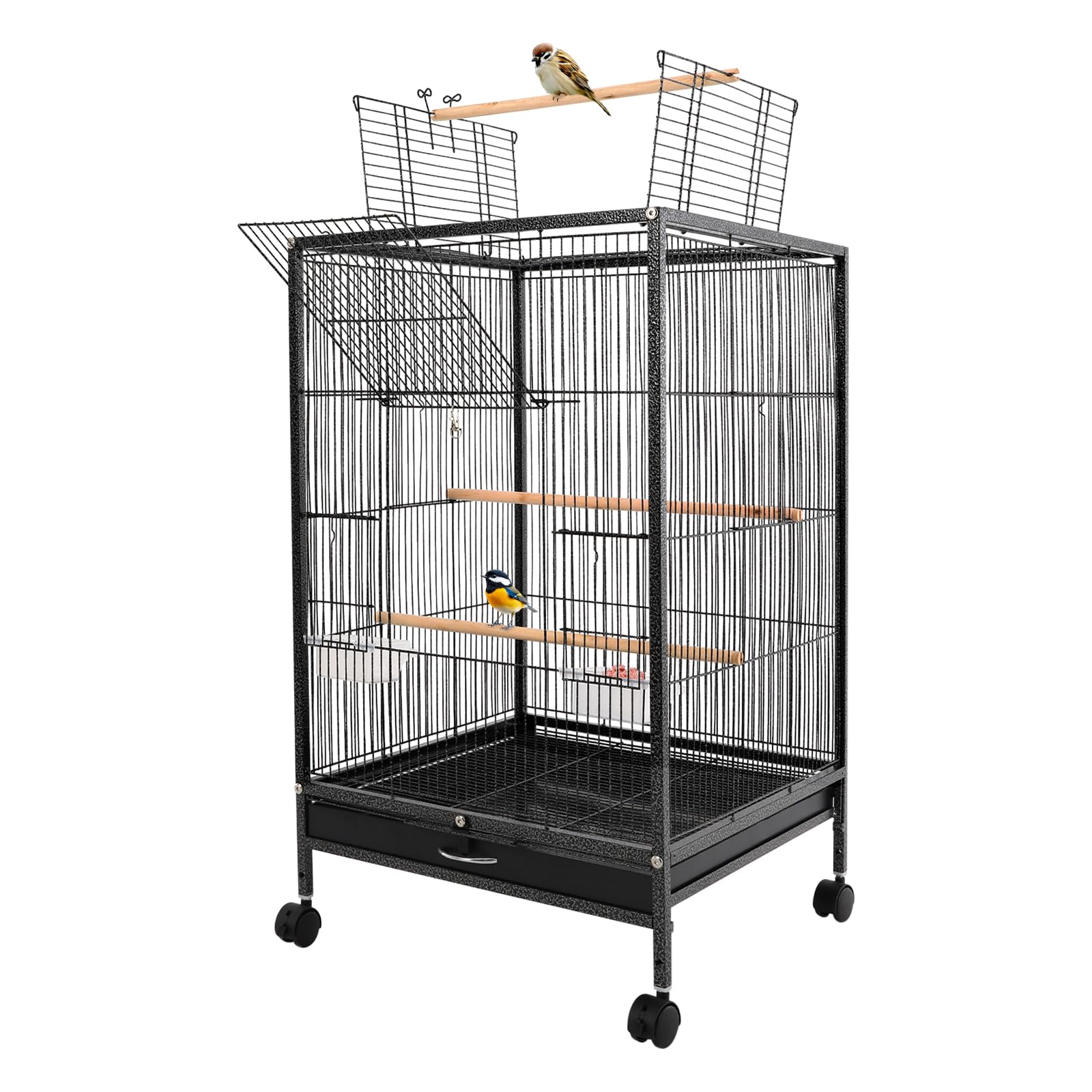 Gabbia per uccelli, grande, per interni, per pappagalli, in metallo, con ruote di trasporto, apertura verso l'alto, 46 x 46 x 94 cm, gabbia per pappagalli con 3 posatoi, ciotola per mangiatoia