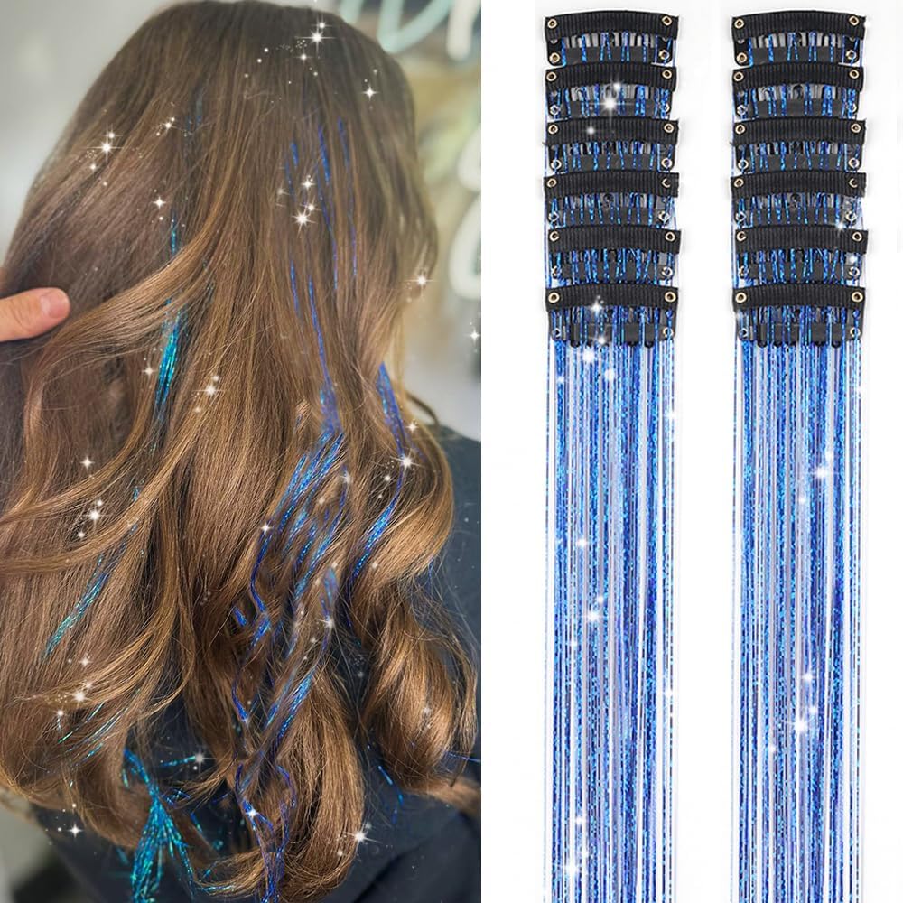 PORSMEER 12 Pcs 20 Inch Hair Tinsel Pack of Clip in Hair Tinsel Colorful Glitter Tinsel Hair Extensions Tinsel Fairy Party Dazzle Accessories Strands Kit for Women (Blue)