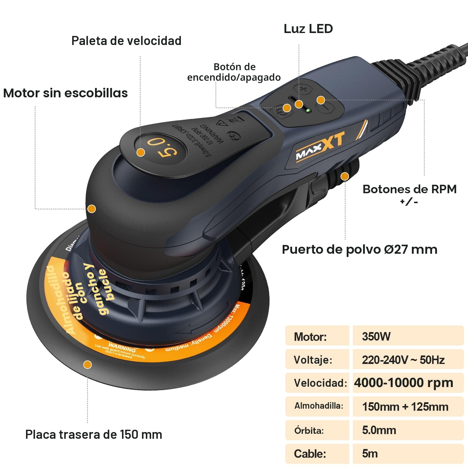 MAXXT Lijadora excéntrica sin escobillas de 5,0 mm, 230 V, con cableado trinúcleo, versátil lijadora eléctrica con ritmo variable y 10 discos abrasivos, con cable