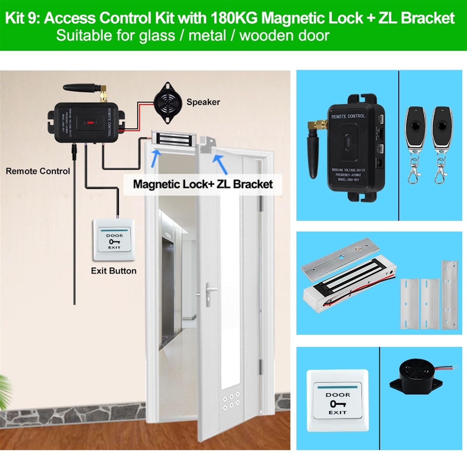 Kit de de Control de Acceso a Puerta, abridor de Puerta de desbloqueo Remoto inalámbrico, cerraduras magnéticas eléctricas for el hogar de 180KG(Kit9 (180KG Lock ZL))