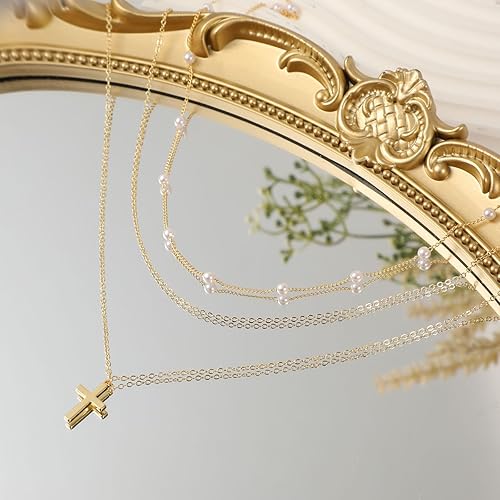 Miniatura 7 de ASCOMY Collares en capas para mujer, delicado collar de oro chapado en oro de 14 quilates, collar de espiga para mujer, collar de cruz de perlas