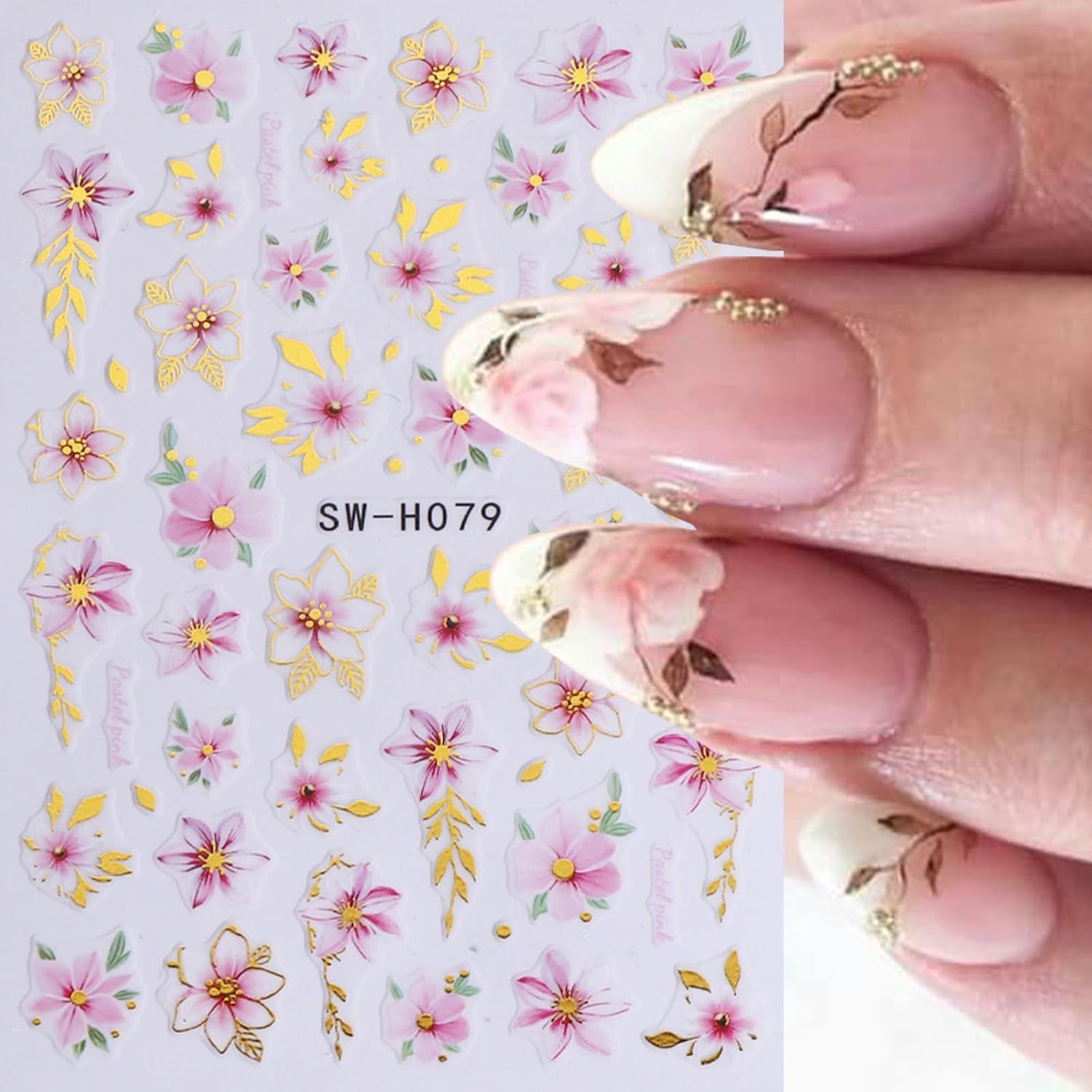 Flower Nail Art Stickers 6Pcs Pink Gold Camellia Nail Decals 3D Self-Adhesive Luxury Style Flowers Nail Stickers Spring Floral Nail Accessories Summer Manicure Supplies for Women Nail Art Decorations