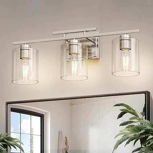 Miniatura 15 de DORESshop Lámpara de tocador de baño de 4 luces sobre el espejo, lámparas de baño negro mate con pantallas de vidrio transparente, luces modernas