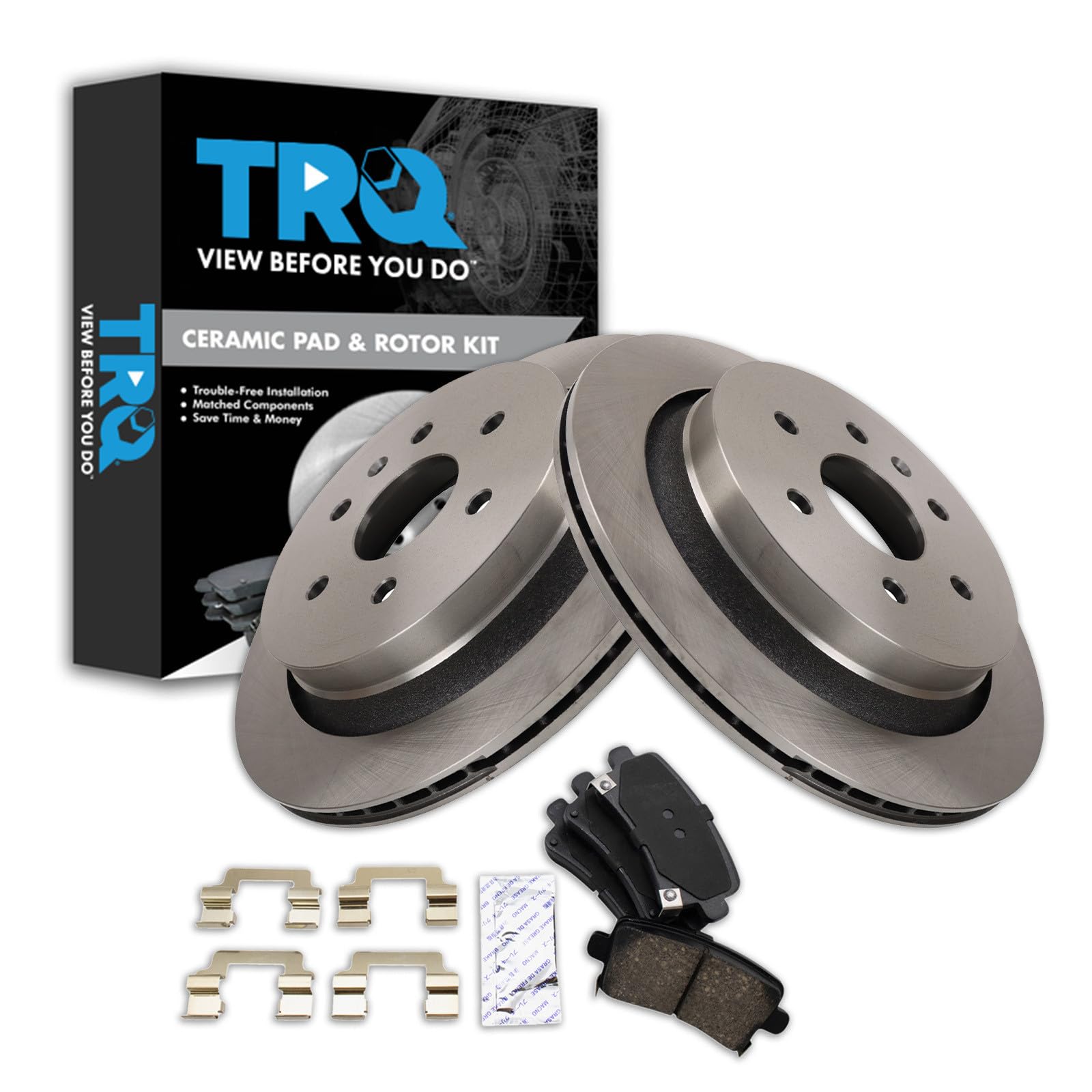 TRQ Rear Brake Pad and Rotor Set Ceramic Compatible with 2013-2019 Cadillac XTS