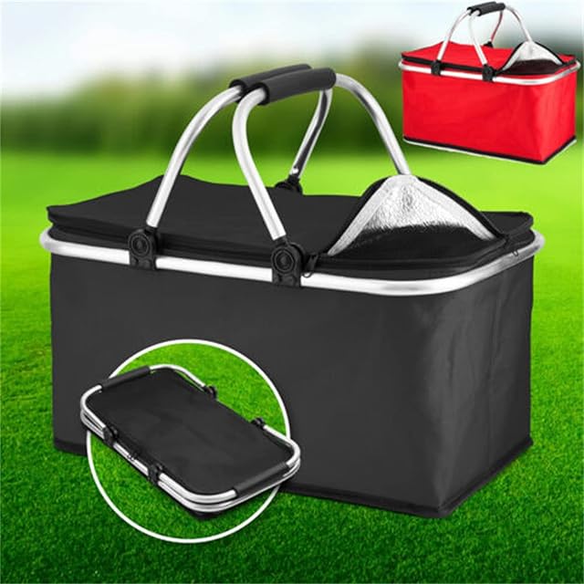 30L Premium Extra Large Cooling Cooler Cool Bag Insulated Folding Box Picnic Camping Food Ice Drink Lunch with Carry Handle Cool Hamper BagBlack &Red