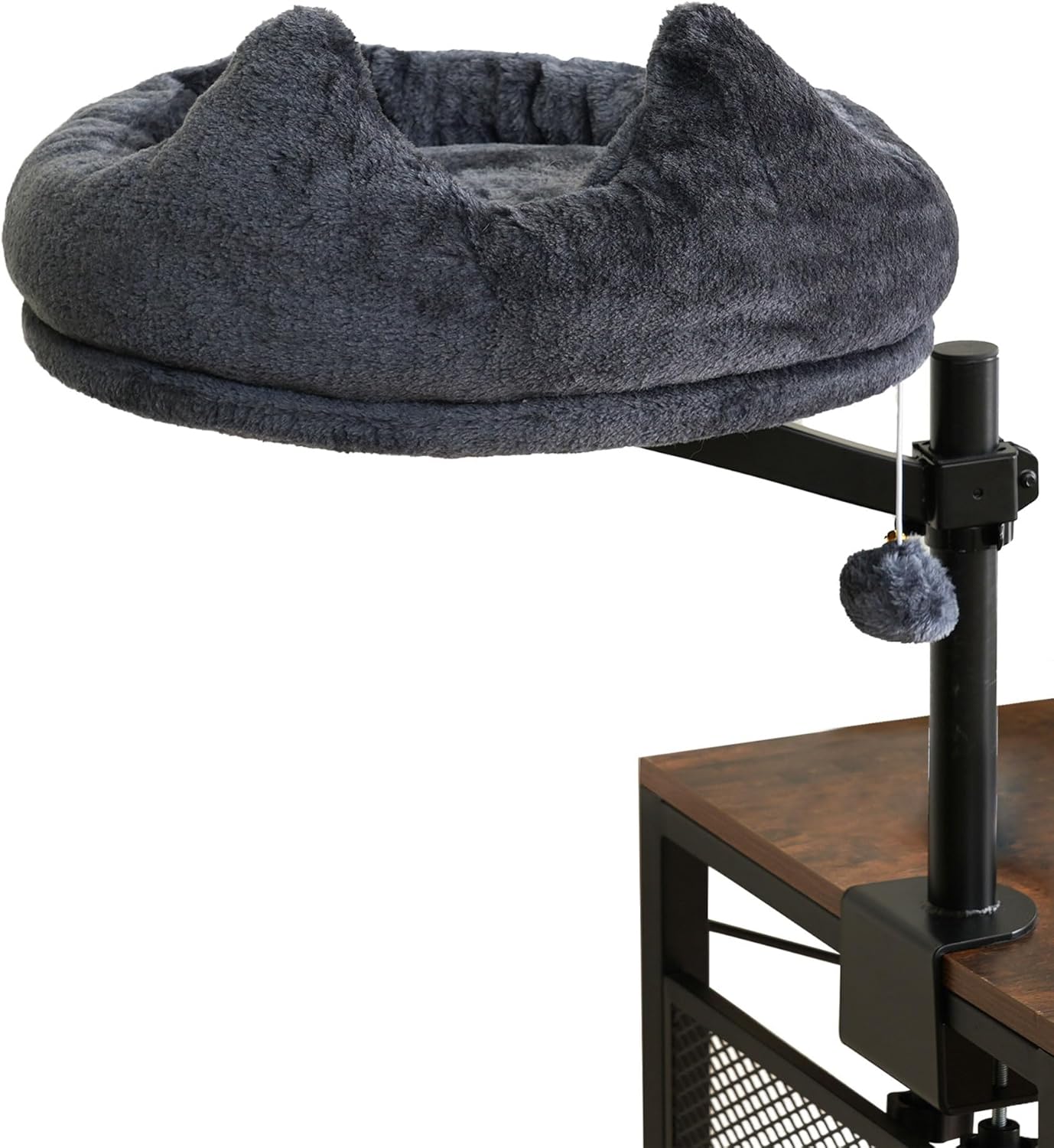 Cat Desk Bed, 360° Rotating & Adjustable & Lock Cats Bed for Desk, Grey Soft with Long Plush Fabric Mat, Modern Indoor Cat Nest Furniture for Office Desks and Game Tables, Island Table