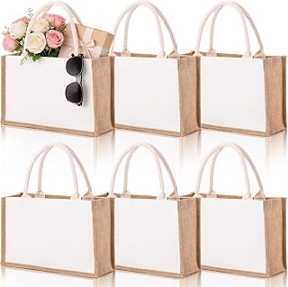 SOUJOY 6 Pack Burlap Tote Bags - Reusable Jute Grocery Beach Bags with Handles, Water Resistant 14.7x9.8x4.5" for Shopping, Wedding, Gifts