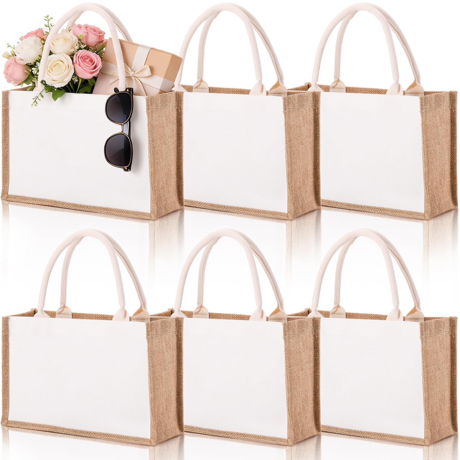 SOUJOY 6 Pack Burlap Tote Bags, Reusable Jute Gift Bags with Handles, Water Resistant Beach Bag, 14.7" x 9.8" x 4.5" Canvas Grocery Shopping Bag for Bridesmaid, DIY, Shopping, Wedding, Christmas