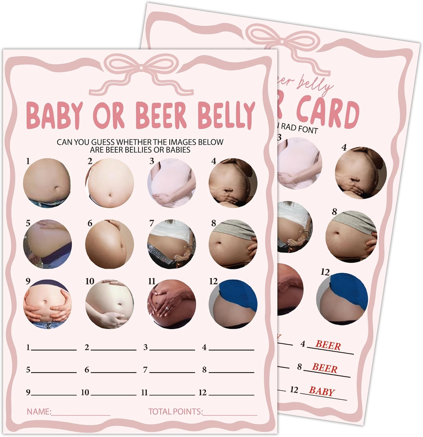 Pink Baby Shower Games Card, Beer Belly Game Theme Party, 25 Gender Neutral Cards with 1 Answer Card, Pink Bow Gender Baby Shower Decorations Supplies (5X7 inches) A01