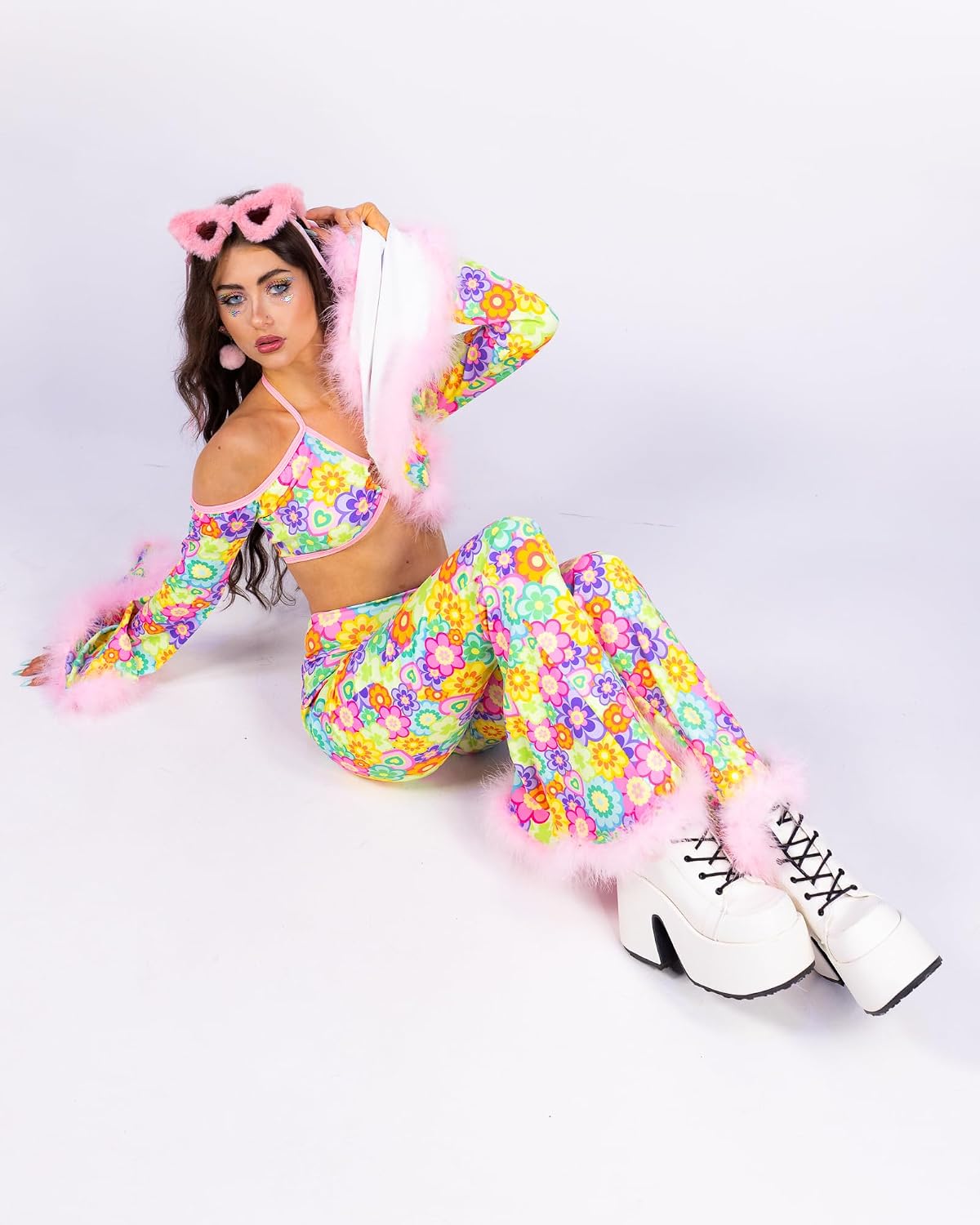 Flower Power Women’s Bell Bottom Pants with Retro Floral Print and Faux Fur Hem – Mesh Flare Festival & Rave Outfit Pants