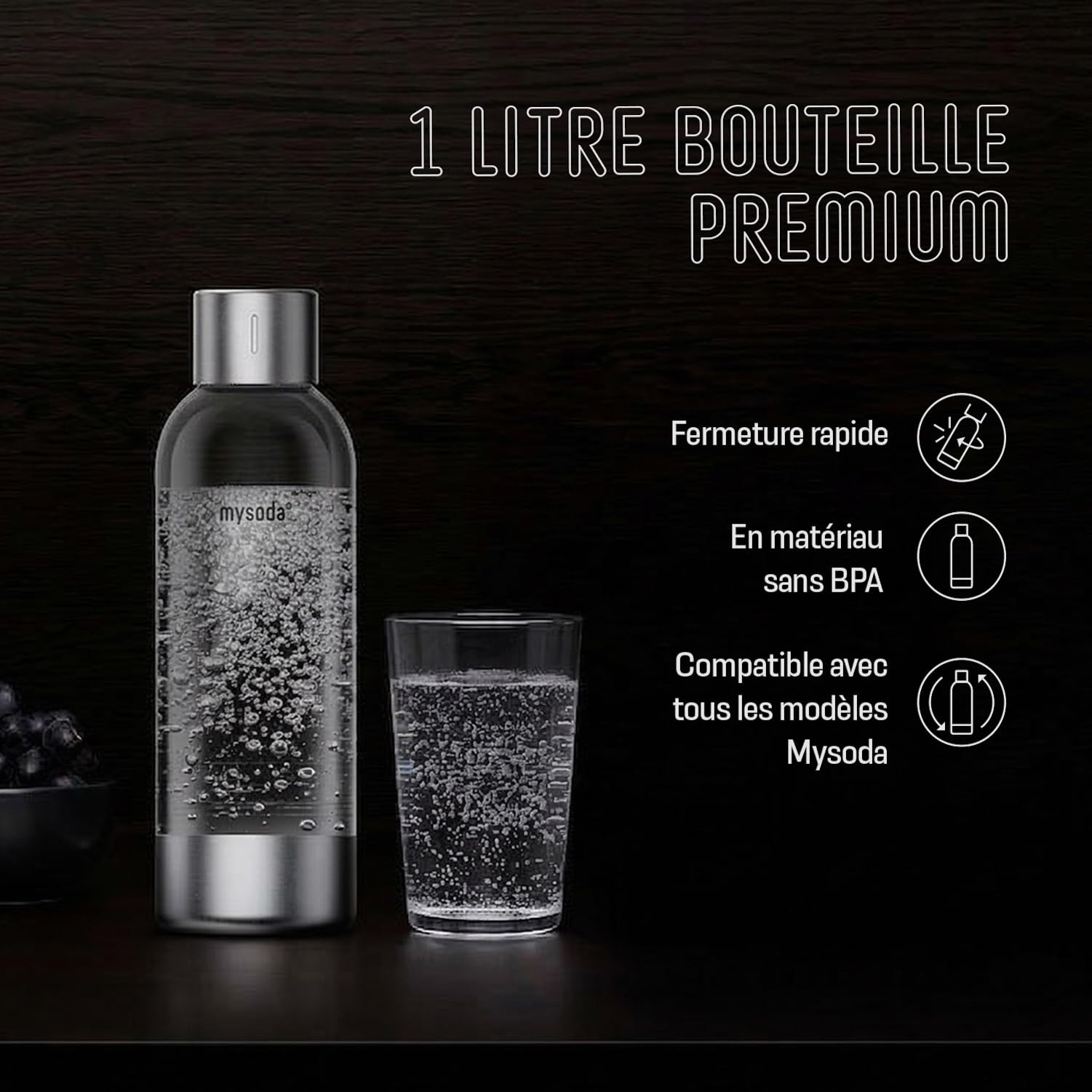 Mysoda Ruby 2 - Machine à eau pétillante design avec une bouteille d'eau en PET (sans cylindre de CO2) - Noir-Argent