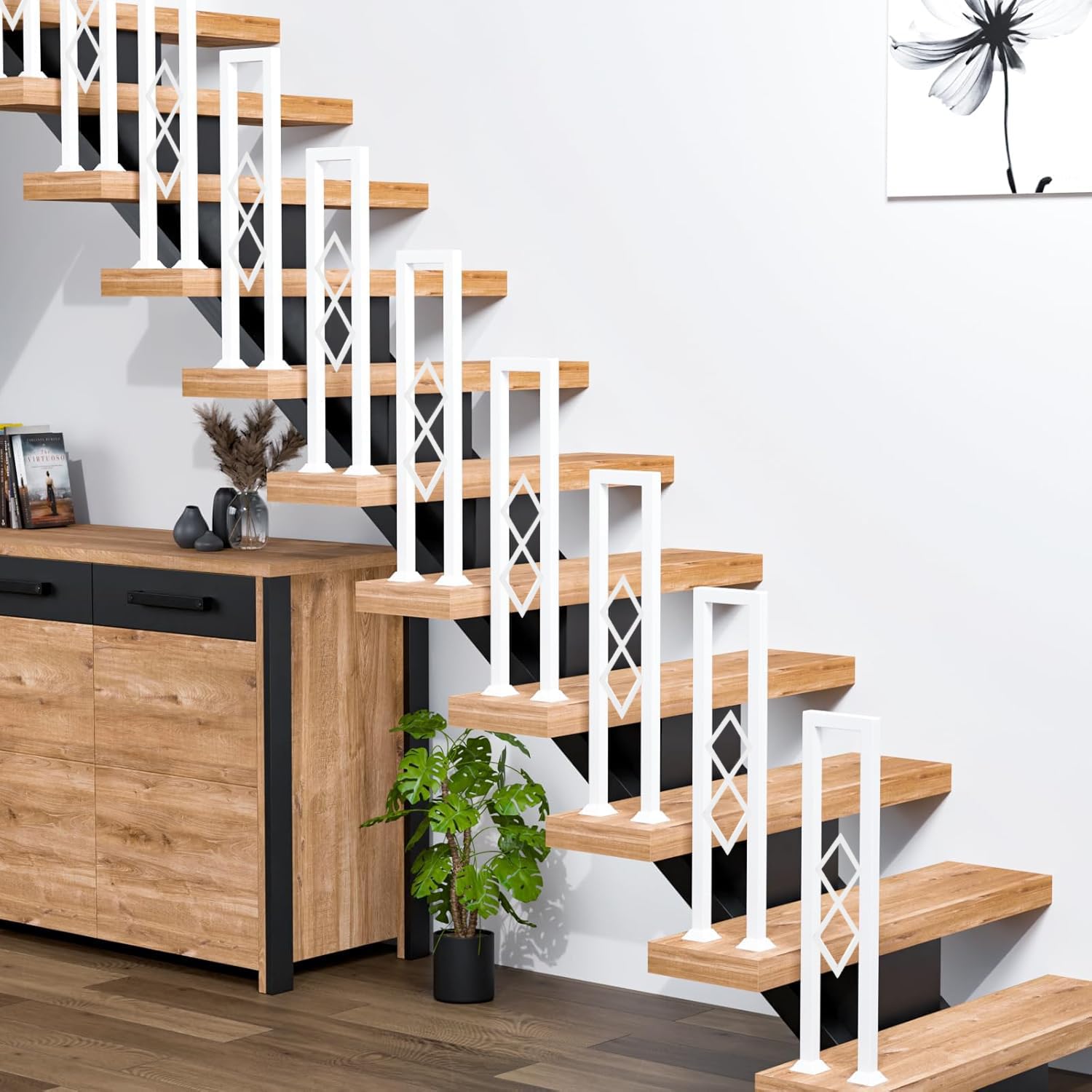 Ringhiera per Scale Interne a u, Ringhiera antiscivolo in Ferro, Corrimano per Scale con motivo a diamante, per Corridoio Ingresso Terrazza, con Kit di Viti (bianco, 110cm)