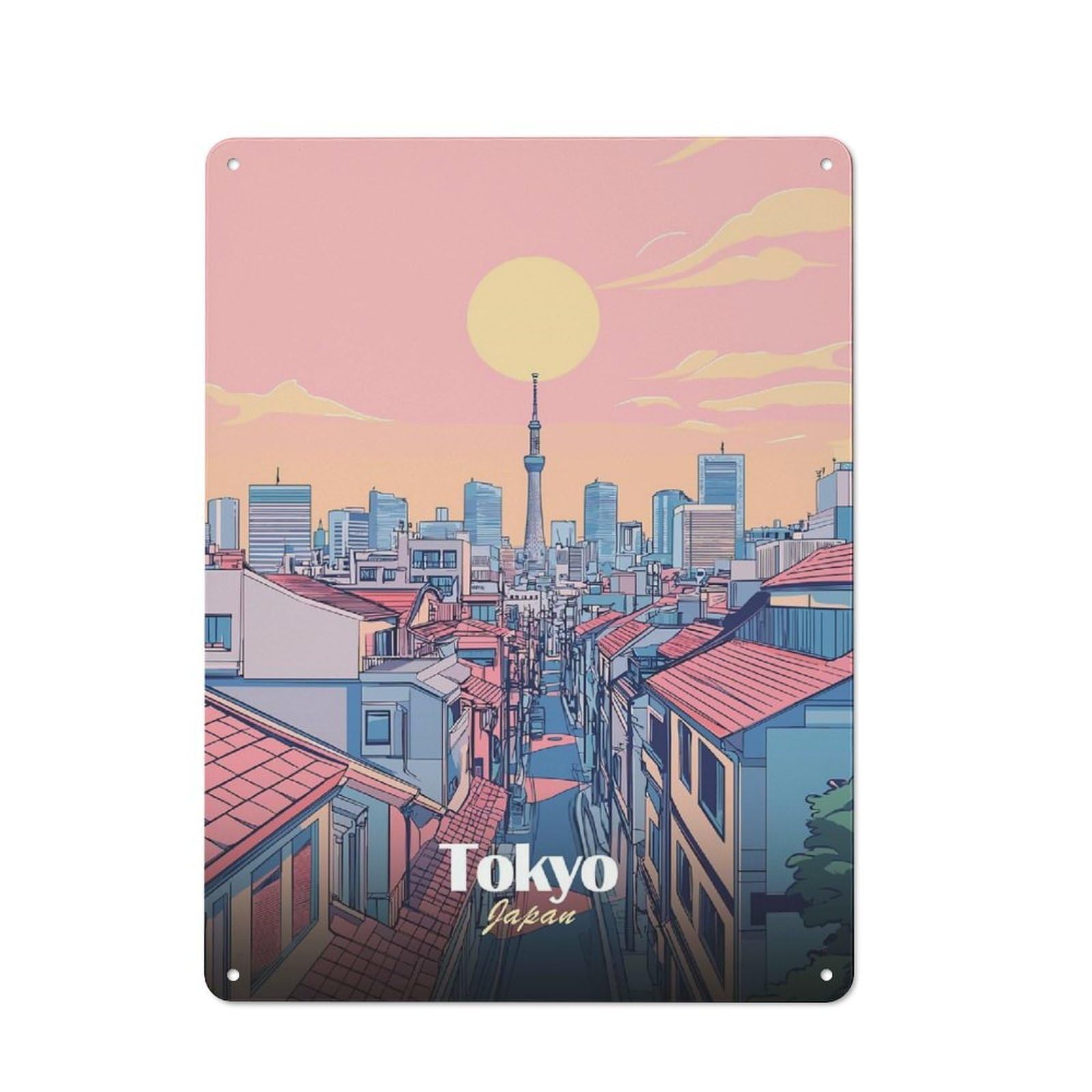 Metal Gift Sign with Tokyo Skyline Illustration Design 40x30cm, Character Room Wall Plaque for Flat, Dorm Room, Lounge Or Cafe