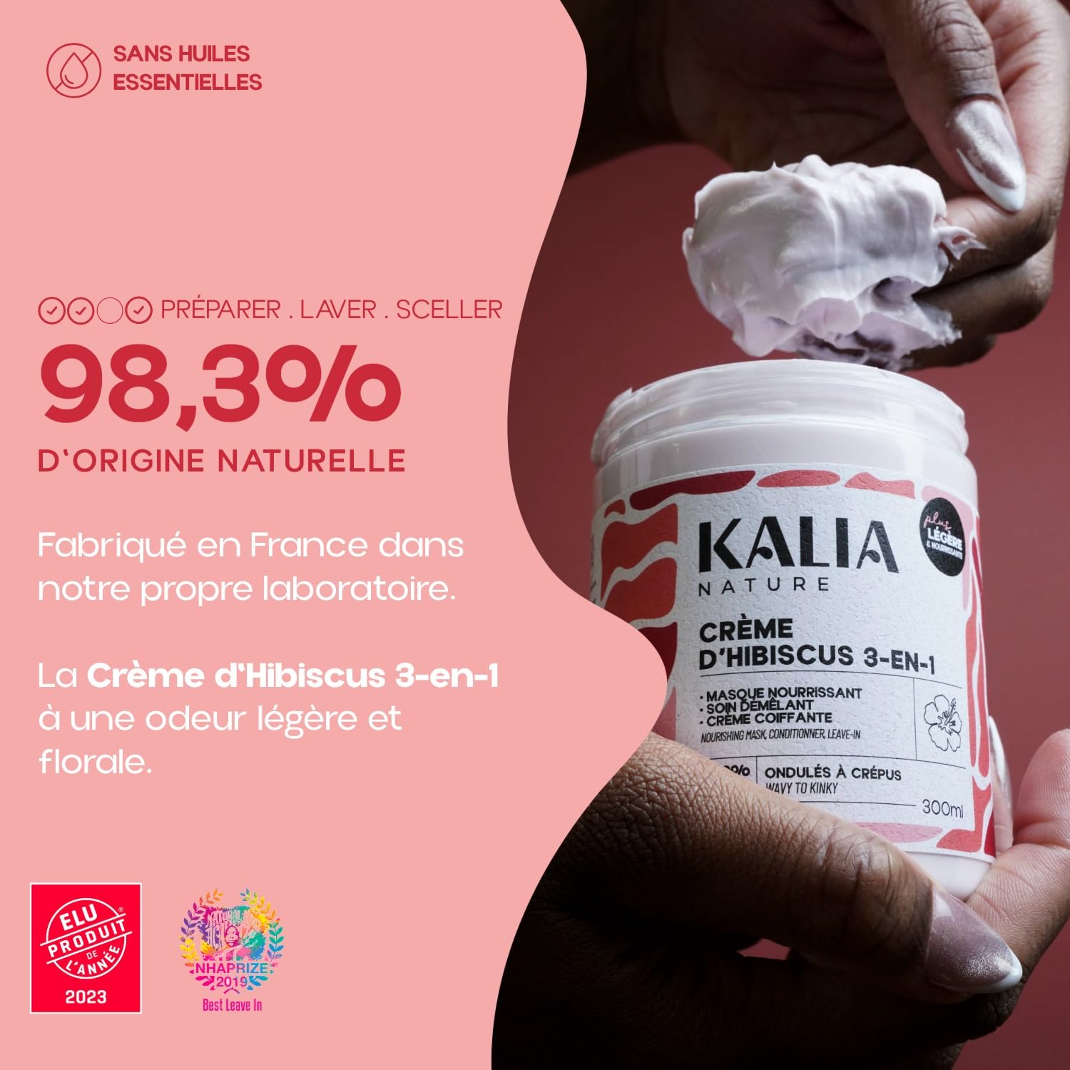 Kalia Nature - Crème d’Hibiscus 300 ml - Crème cheveux bouclés 3-en-1 - Leave in - Nourrit, démêle et revitalise - Soin capillaire naturel cheveux ondulés, bouclés, frisés, crépus