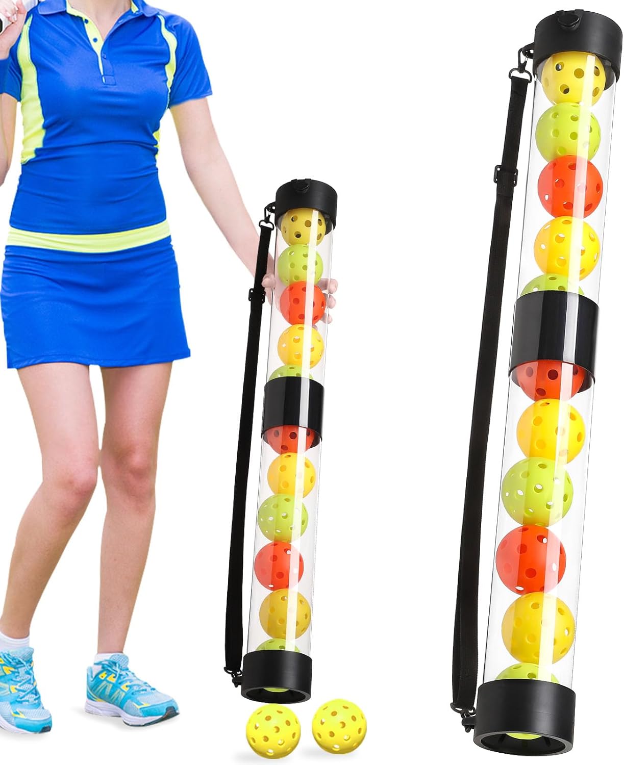 TOBWOLF Tennis Ball Pick up Tube, Lightweight Pickleball & Tennis Collector Ball Holder with Shoulder Strap, Detachable 2-Sessions Tennis Ball Hopper Tube Fits 11 Pickleballs or 13 Tennis Balls