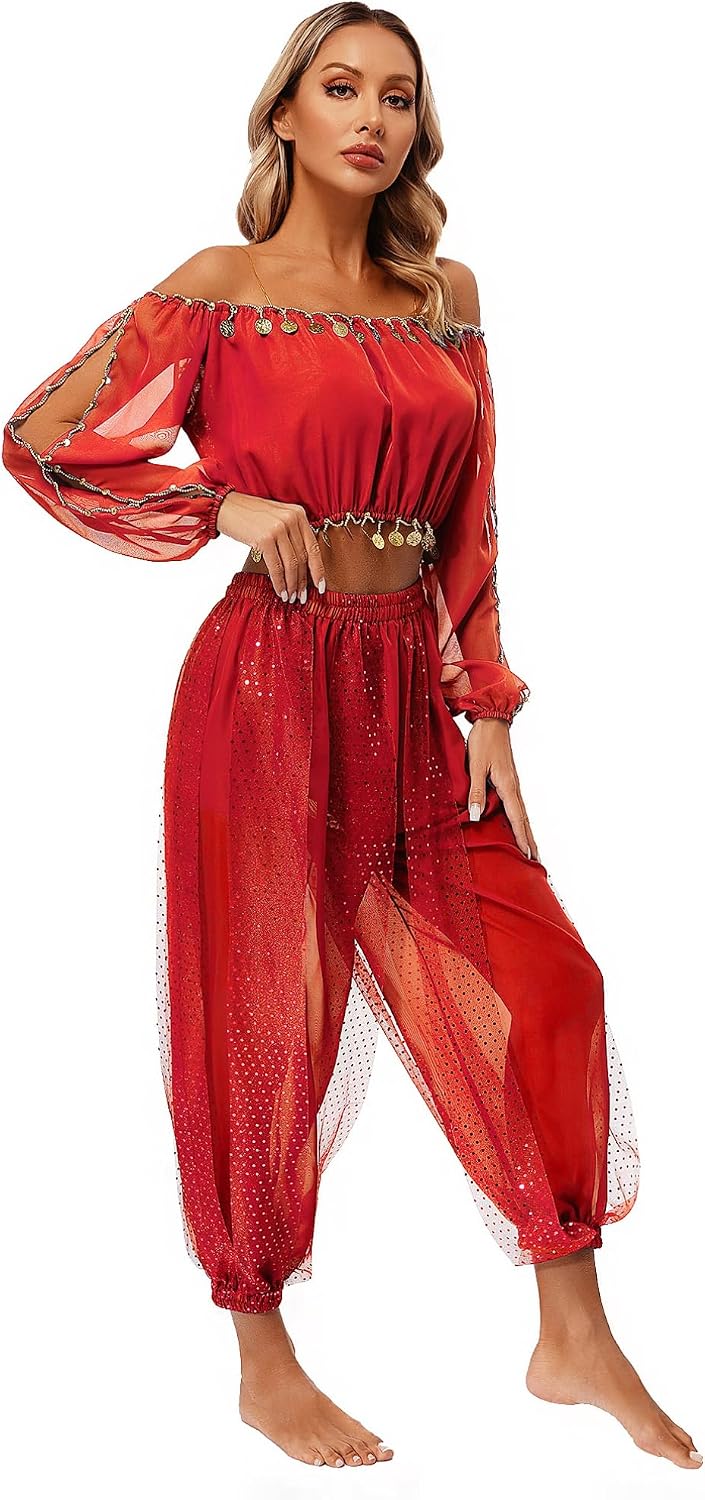 TiaoBug Women's Belly Dance Costume Sequined Long Sleeve Irregular Hem Crop Top with Chiffon Bloomers Pants
