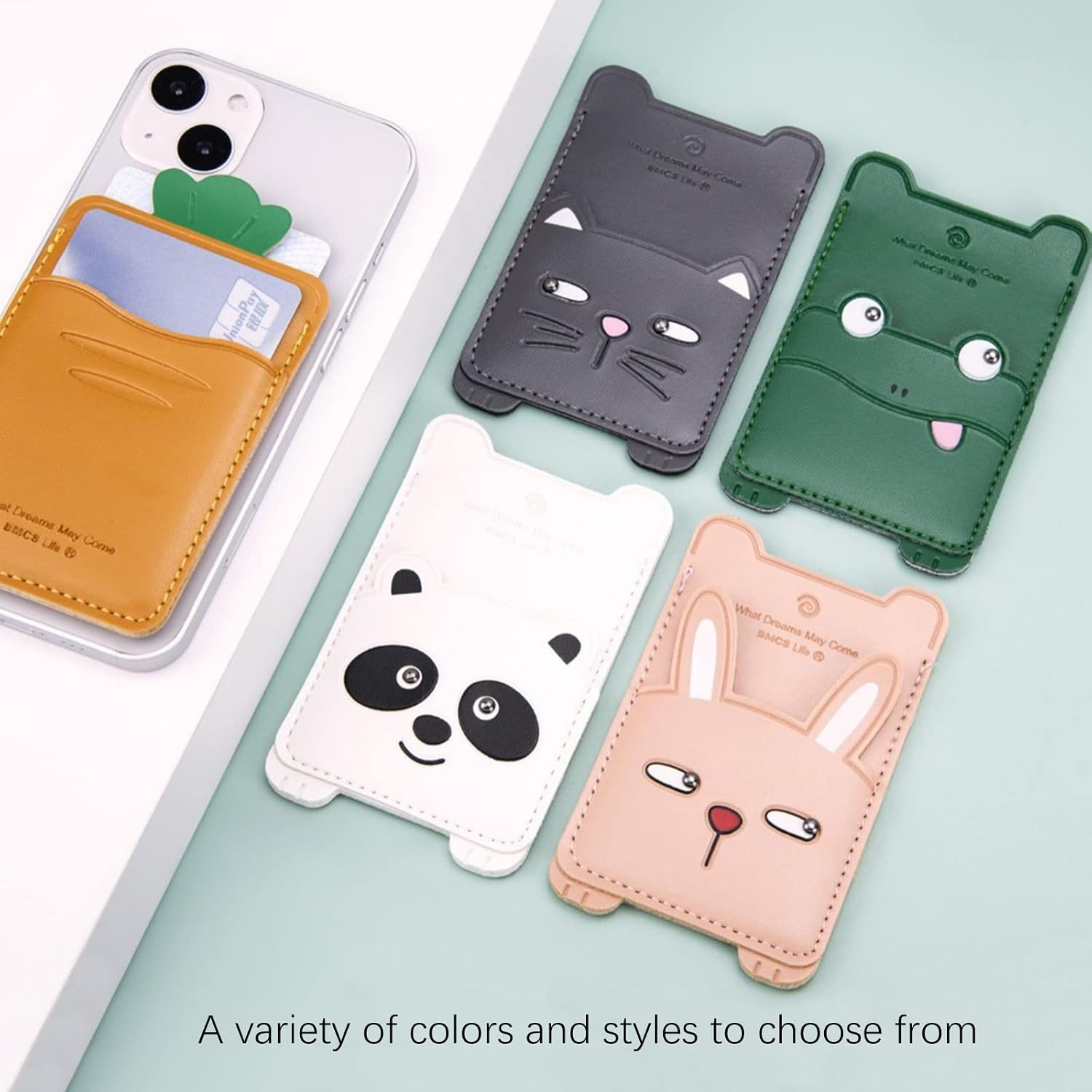Cell Phone Wallet,Gray Leather Cute Kitty, Secure Card Holder for iPhone, Android & Smartphones,Premium Leather,Adhesive Sleeve Pocket,Minimalist Design