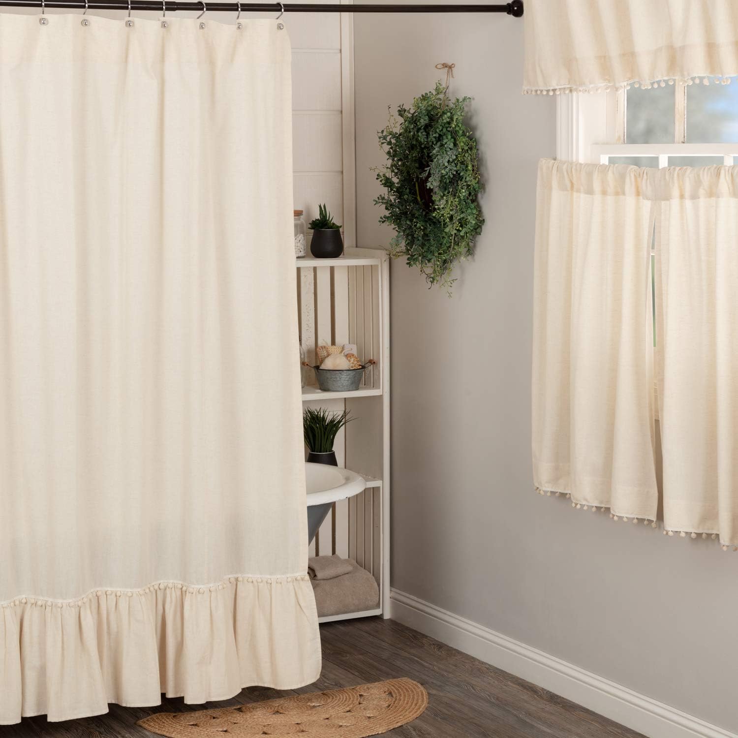 Prоmо 40% оƒƒ Olivia Ruffled Shower Curtain w/ Macrame Pompom Trim, 72 L, x 72 W, Natural Cream Linen/Cotton Bathroom Curtain, Boho, Modern Country, Vintage Cottage, Farmhouse Style TOP оƒƒERS Olivia Ruffled Shower Curtain w/ Macrame Pompom Trim, 72 L, x 72 W, Natural Cream Linen/Cotton Bathroom Curtain, Boho, Modern Country, Vintage Cottage, Farmhouse Style