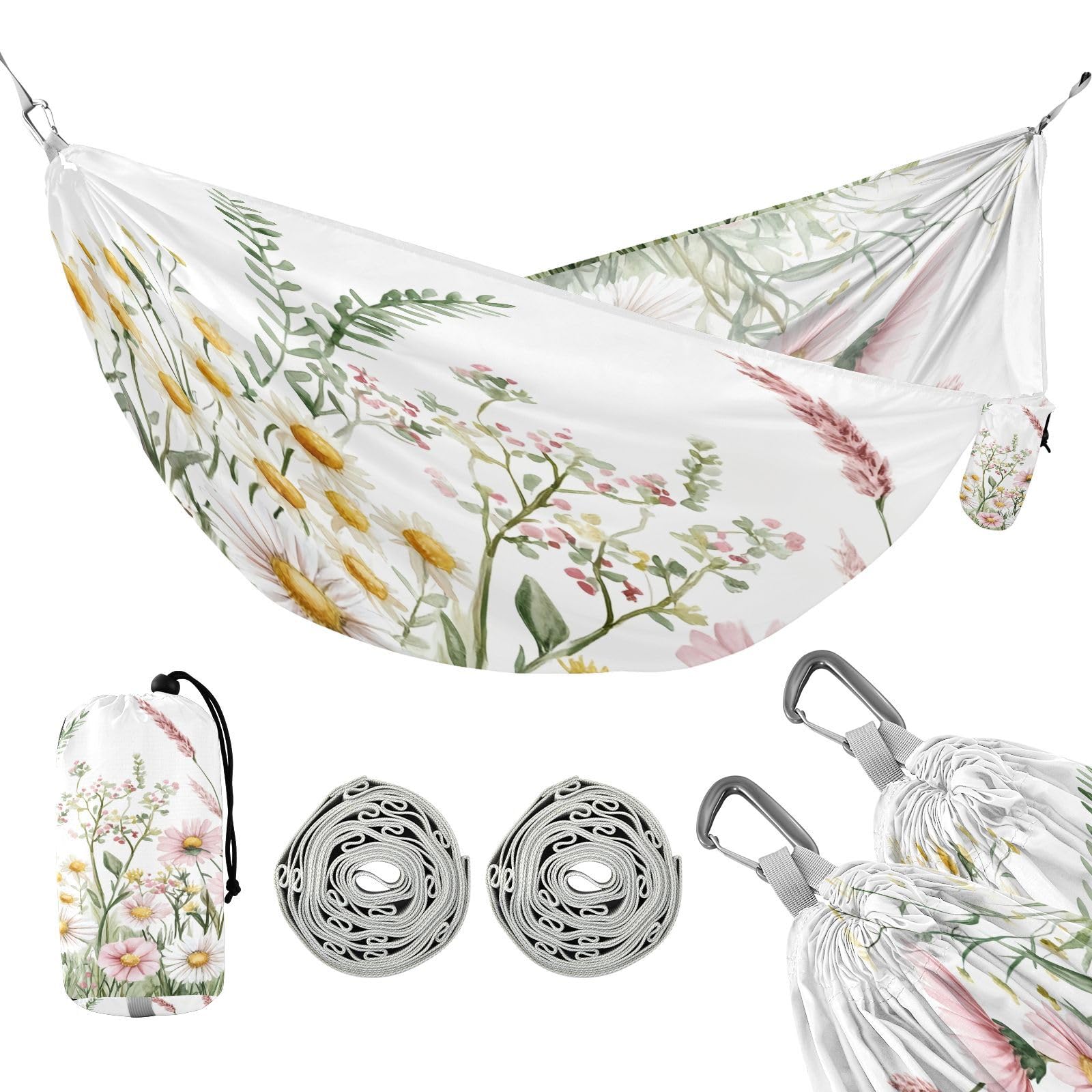 ATTX Watercolor Wildflowers Camping Hammock - Lightweight & Portable Hammocks, Heavy Duty 330lbs Capacity for Indoor, Hiking, Backpacking, Travel, Backyard, Beach#94