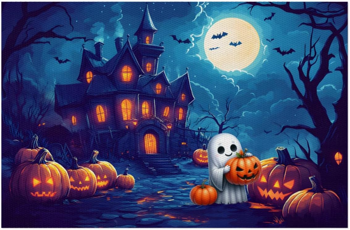 Halloween Cute Ghosts Pumpkin Placemats Set of 4 PVC Vinyl Non Slip Table Mats Heat Resistant Place Mats Washable Wipeable Dining Table Mat for Kitchen Decor Party Indoor Outdoor Decorative Gift