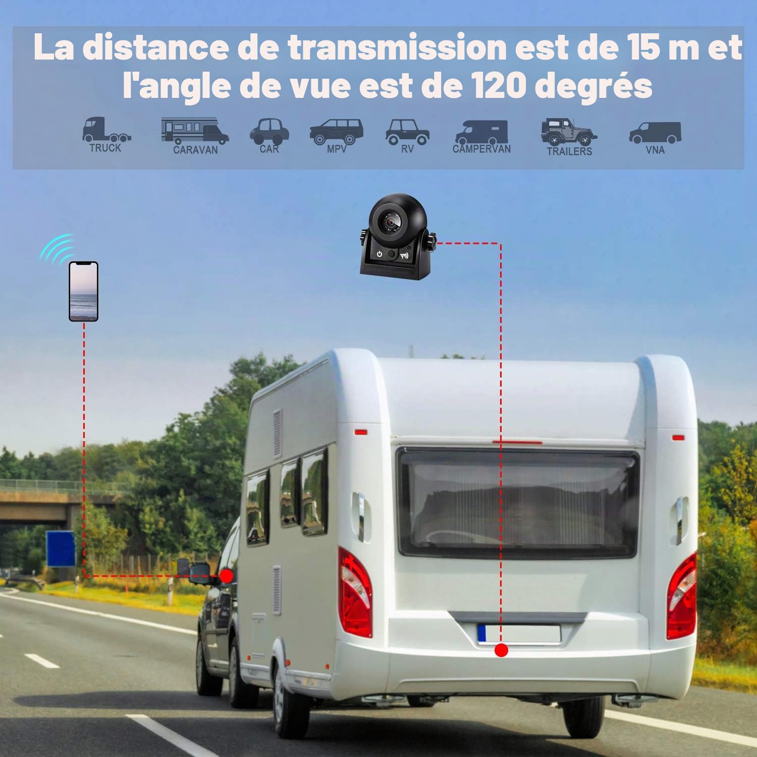 Caméra de recul sans fil WiFi magnétique - Vision nocturne/IP68 étanche - Compatible Android/iOS - Pour voiture, camion, camping-car, van, remorque