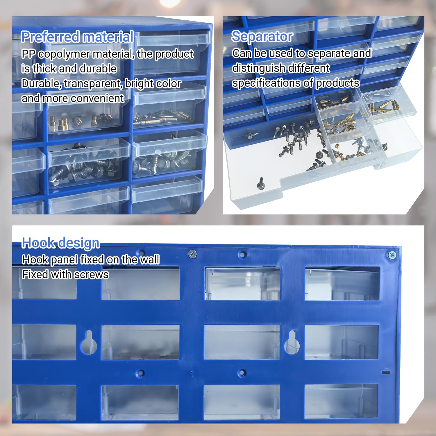 Organizador de piezas pequeñas de plástico de 33 cajones, contenedor de almacenamiento con cajones para hardware, piezas, manualidades, cuentas, 11.8 x 16.1 x 5.2 pulgadas (azul)