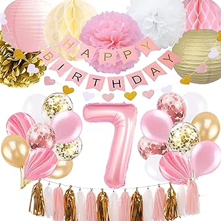 7th Birthday Girl Decoration, Girls 7th Birthday Decoration with Happy Birthday Banner, Number 7 Balloons for Pink and Gold Party Supplies Decoration 7th Birthday
