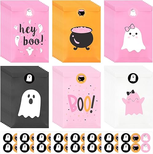 FHzytg 48 bolsas de recuerdo de fiesta de Halloween, bolsas de regalo de dulces fantasmas de Halloween rosas para niñas, decoraciones de cumpleaños