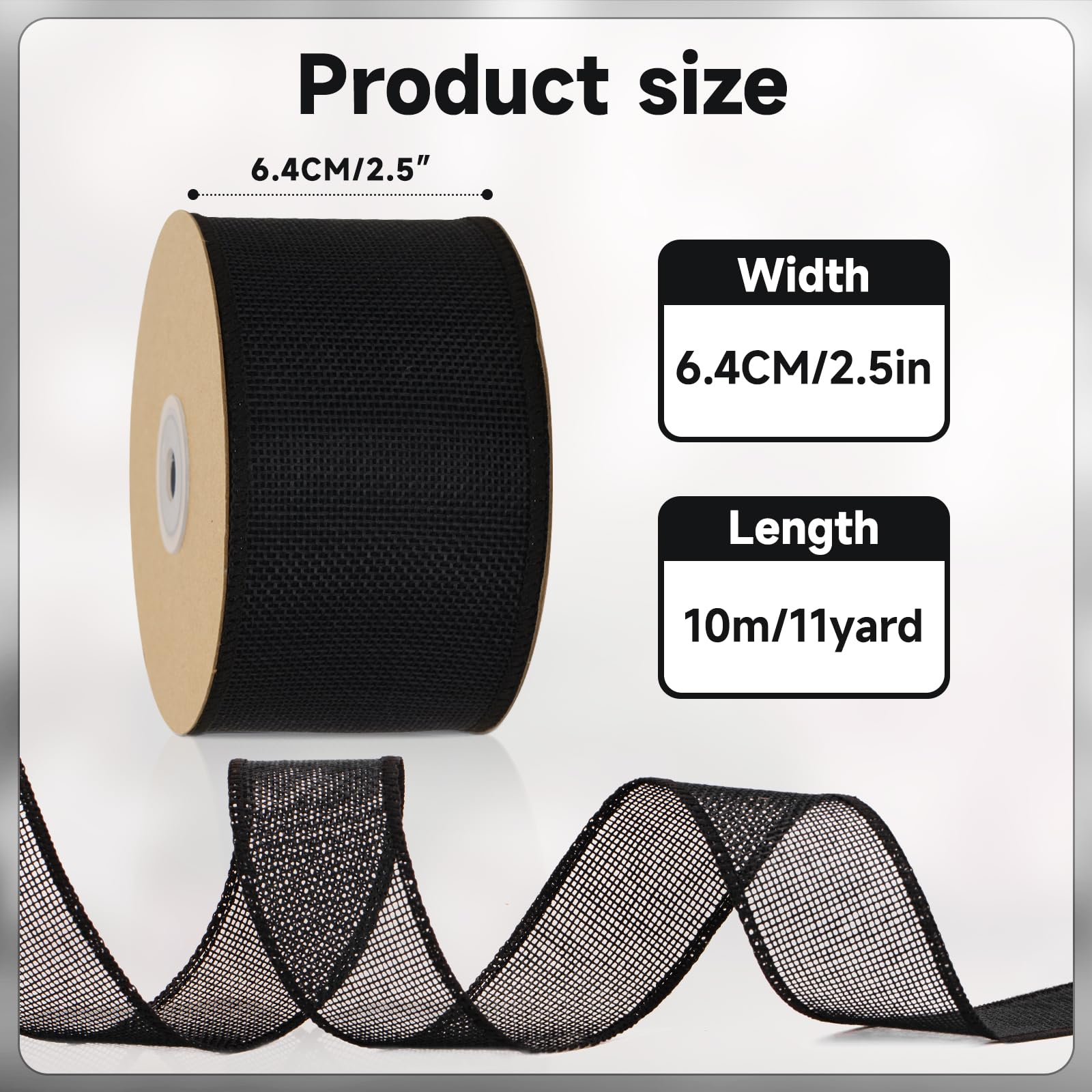 KINGLAKE 6.4cm Wired Burlap Ribbon, 10m Black for Wreath Bows Making Jute Hessian Wide Christmas for Crafting Gift Wrapping - Image 2
