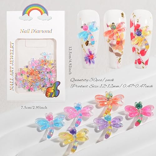 Miniatura 4 de 50 dijes de resina para uñas en forma de libélula 3D, diamantes de imitación coloridos de libélula con parte posterior plana, dijes de resina para
